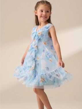 NWT Angel & Rocket Lia Blue Printed Frill Mesh Dress